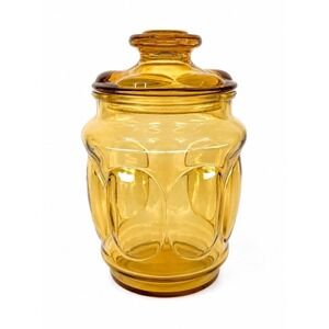 Vintage Amber Glass Apothecary Canister Jar w/ Faceted Lid Octagonal MCM Storage
